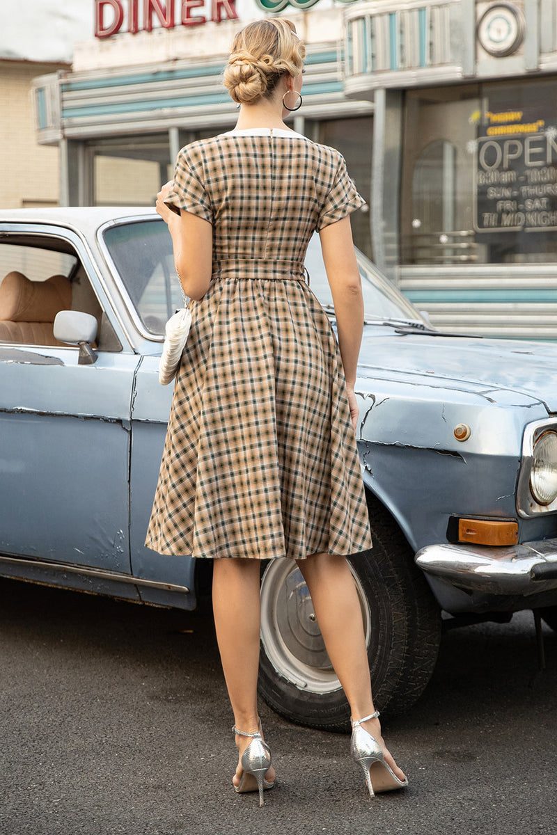 Laden Sie das Bild in den Galerie-Viewer, Khaki Grün Gitter Kurze Ärmel Vintage 1950er Jahre Kleid
