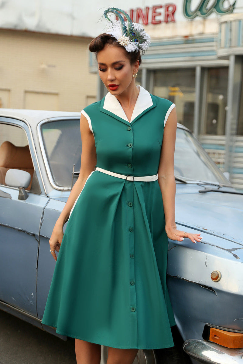 Laden Sie das Bild in den Galerie-Viewer, Grüner Revers Ausschnitt 1950er Jahre Swing Kleid mit Gürtel