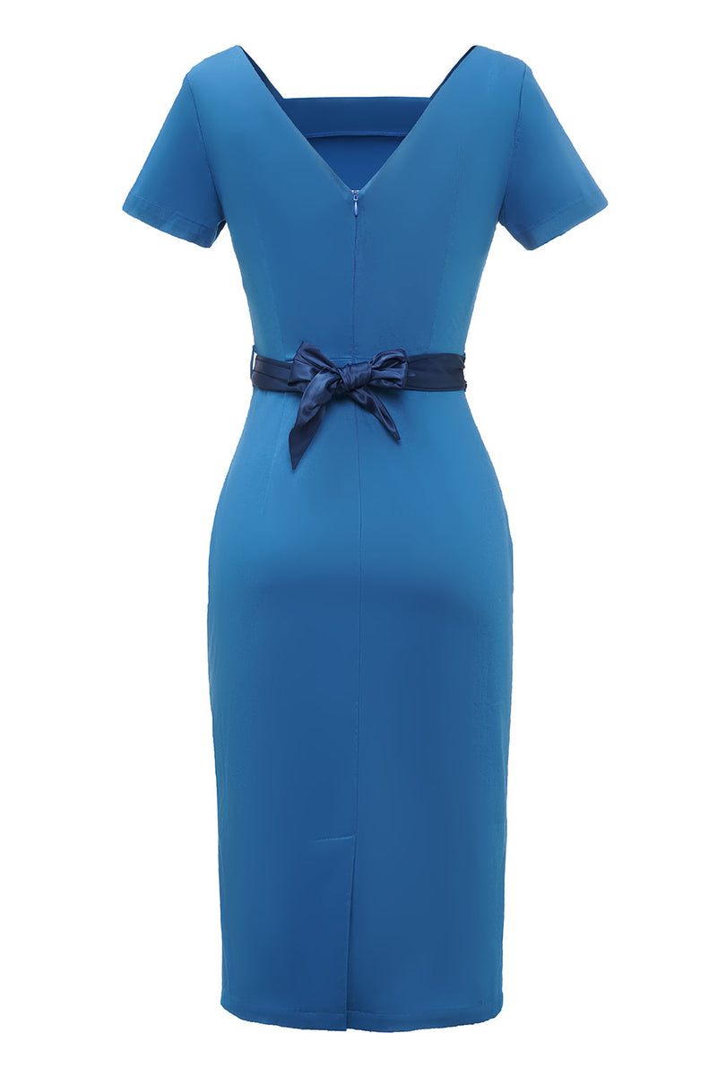 Laden Sie das Bild in den Galerie-Viewer, Blaues 1960er Jahre Bodycon Kleid mit Bowknot