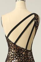 Laden Sie das Bild in den Galerie-Viewer, Meerjungfrau Eine Schulter Dunkelgold Pailletten Ballkleid