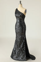 Laden Sie das Bild in den Galerie-Viewer, Meerjungfrau Eine Schulter Dunkelgold Pailletten Ballkleid