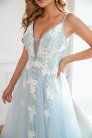 Laden Sie das Bild in den Galerie-Viewer, Hellblau Applikationen Tüll Ballkleid
