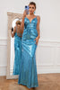 Laden Sie das Bild in den Galerie-Viewer, Meerjungfrau Spaghetti Träger Blaues Pailletten Langes Ballkleid