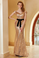 Laden Sie das Bild in den Galerie-Viewer, Champagner Pailletten Schulterfreies Abendkleid