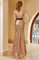 Laden Sie das Bild in den Galerie-Viewer, Champagner Pailletten Schulterfreies Abendkleid