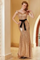 Laden Sie das Bild in den Galerie-Viewer, Champagner Pailletten Schulterfreies Abendkleid