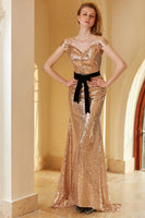 Laden Sie das Bild in den Galerie-Viewer, Champagner Pailletten Schulterfreies Abendkleid