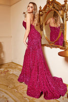 Laden Sie das Bild in den Galerie-Viewer, Meerjungfrau Eine Schulter Fuchsia Pailletten Übergröße Ballkleid mit Pinsel Schleppe