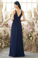 Laden Sie das Bild in den Galerie-Viewer, Blaues V-Ausschnitt Chiffon Brautjungfernkleid