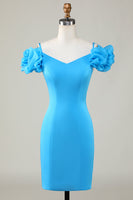 Laden Sie das Bild in den Galerie-Viewer, Schulterfreies blaues kurzes Abiballkleid mit Rüschen