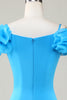 Laden Sie das Bild in den Galerie-Viewer, Schulterfreies blaues kurzes Abiballkleid mit Rüschen