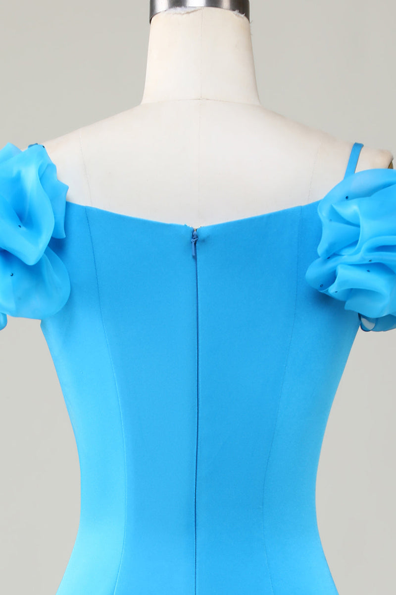Laden Sie das Bild in den Galerie-Viewer, Schulterfreies blaues kurzes Abiballkleid mit Rüschen