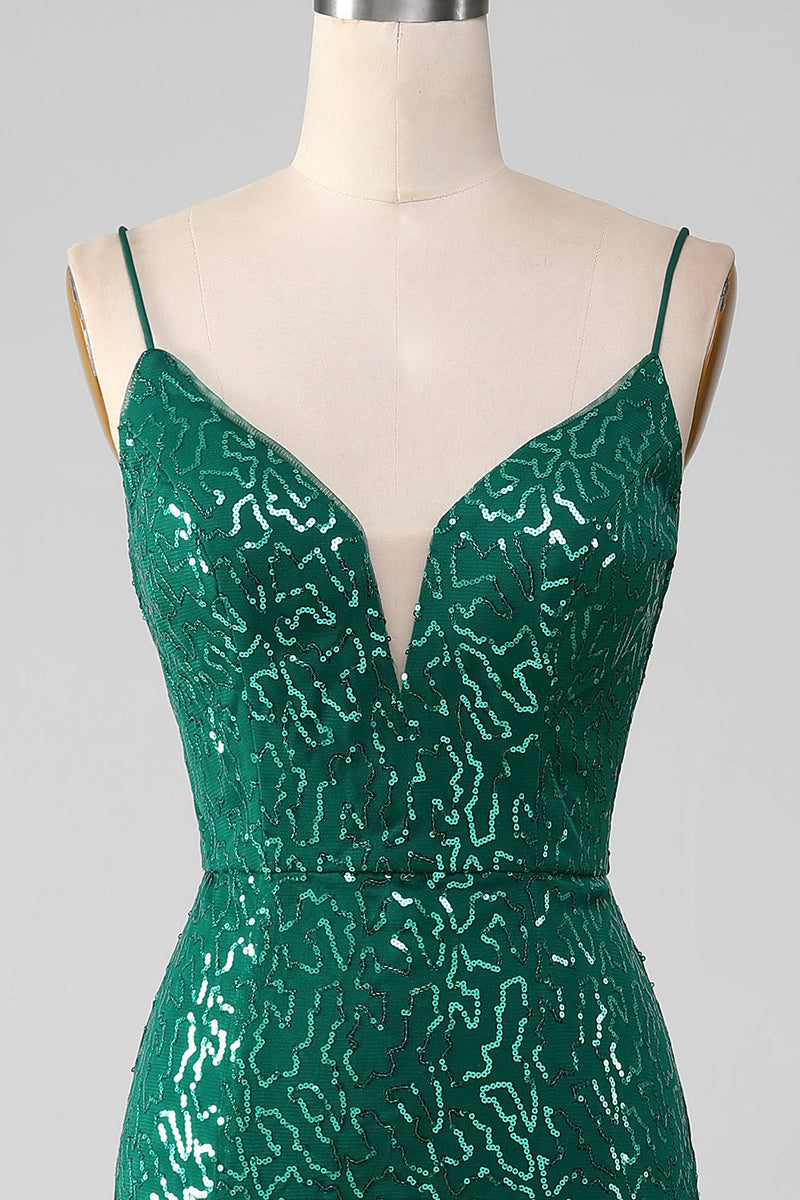 Laden Sie das Bild in den Galerie-Viewer, Glitzerndes dunkelgrünes perlenbesetztes Paillettenkleid für den Abschlussball mit Schlitz