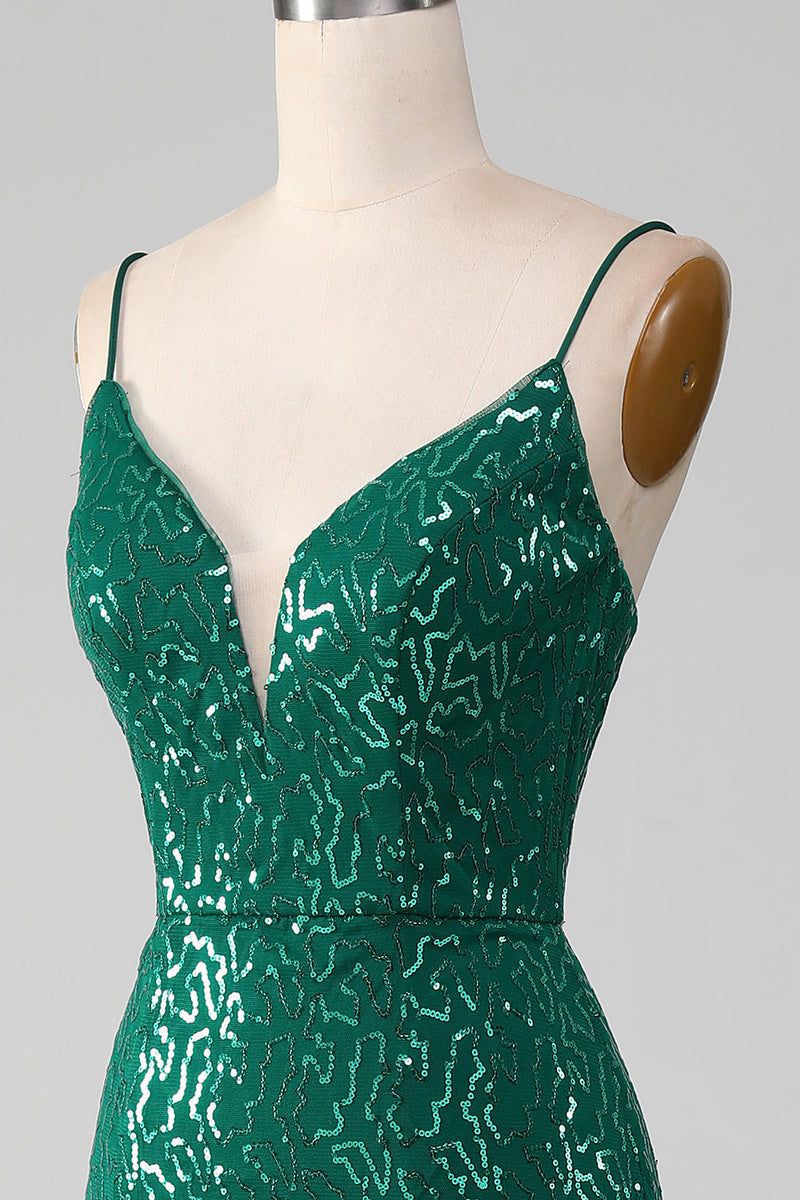 Laden Sie das Bild in den Galerie-Viewer, Glitzerndes dunkelgrünes perlenbesetztes Paillettenkleid für den Abschlussball mit Schlitz