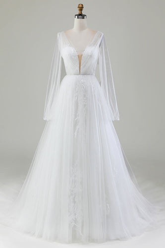 Elfenbein A-Linie Hochzeitskleid aus plissiertem Tüll mit V-Ausschnitt und langen Ärmeln