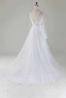 Elfenbein A-Linie Hochzeitskleid aus plissiertem Tüll mit V-Ausschnitt und langen Ärmeln