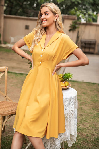 Elegantes gelbe V Hals Vintage Kleid