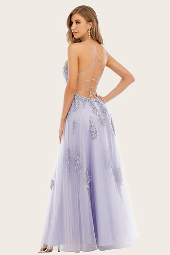 Lavendel Tüll lange Prom Kleid mit Spitze