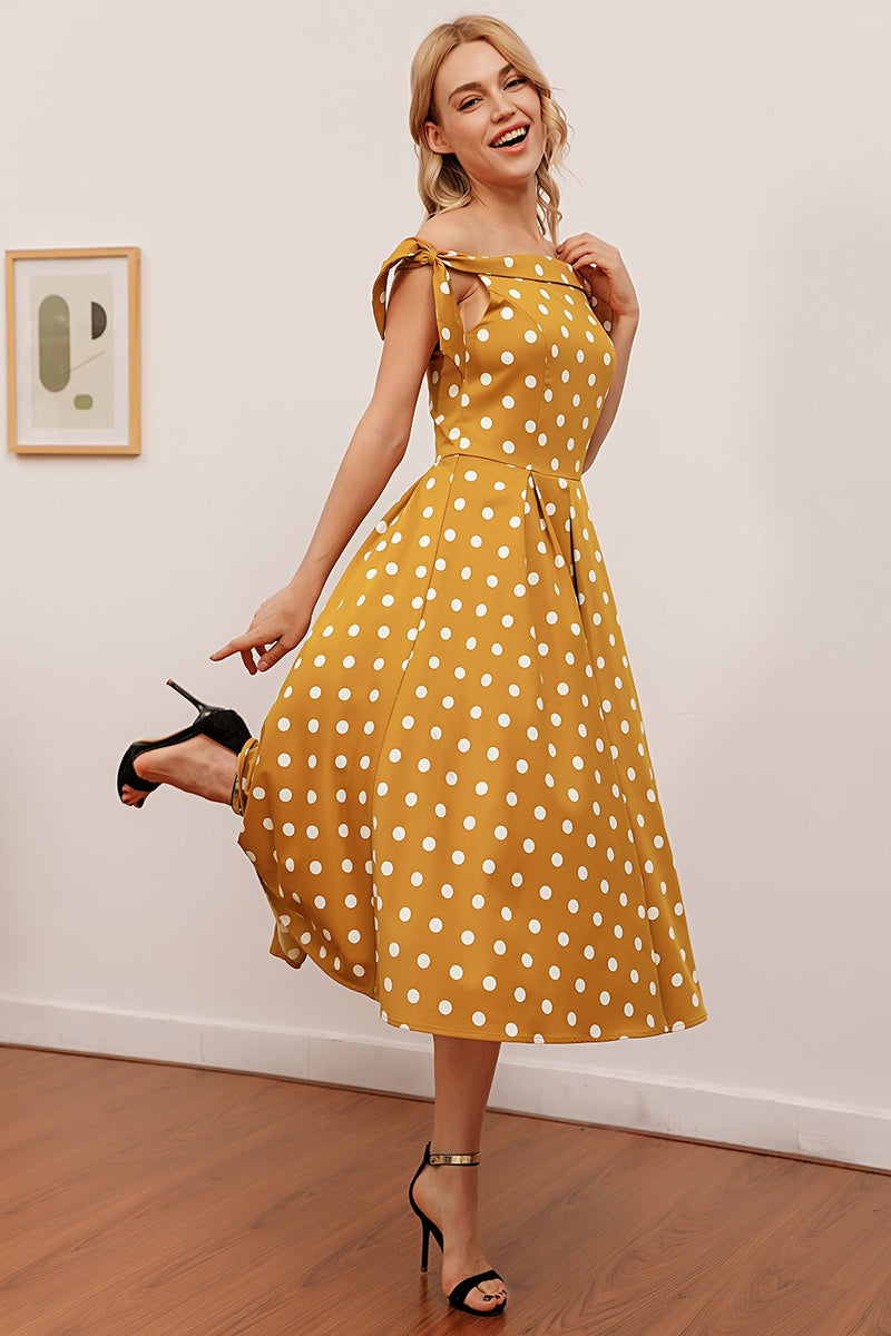 Laden Sie das Bild in den Galerie-Viewer, Gelbes Polka Dots Vintage Kleid