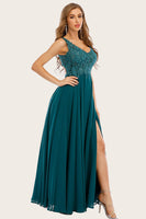 Laden Sie das Bild in den Galerie-Viewer, Blau Chiffon Langes Ballkleid mit Strass