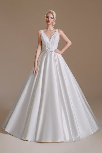 Weißes A-Linie V-Ausschnitt Brautkleid mit Spitze