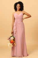 Laden Sie das Bild in den Galerie-Viewer, A-Linie Spaghetti Träger Blush Langes Brautjungfernkleid mit Schlitz