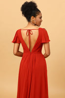 Laden Sie das Bild in den Galerie-Viewer, A-Linie V Ausschnitt Rost Langes Brautjungfernkleid mit kurzen Ärmeln
