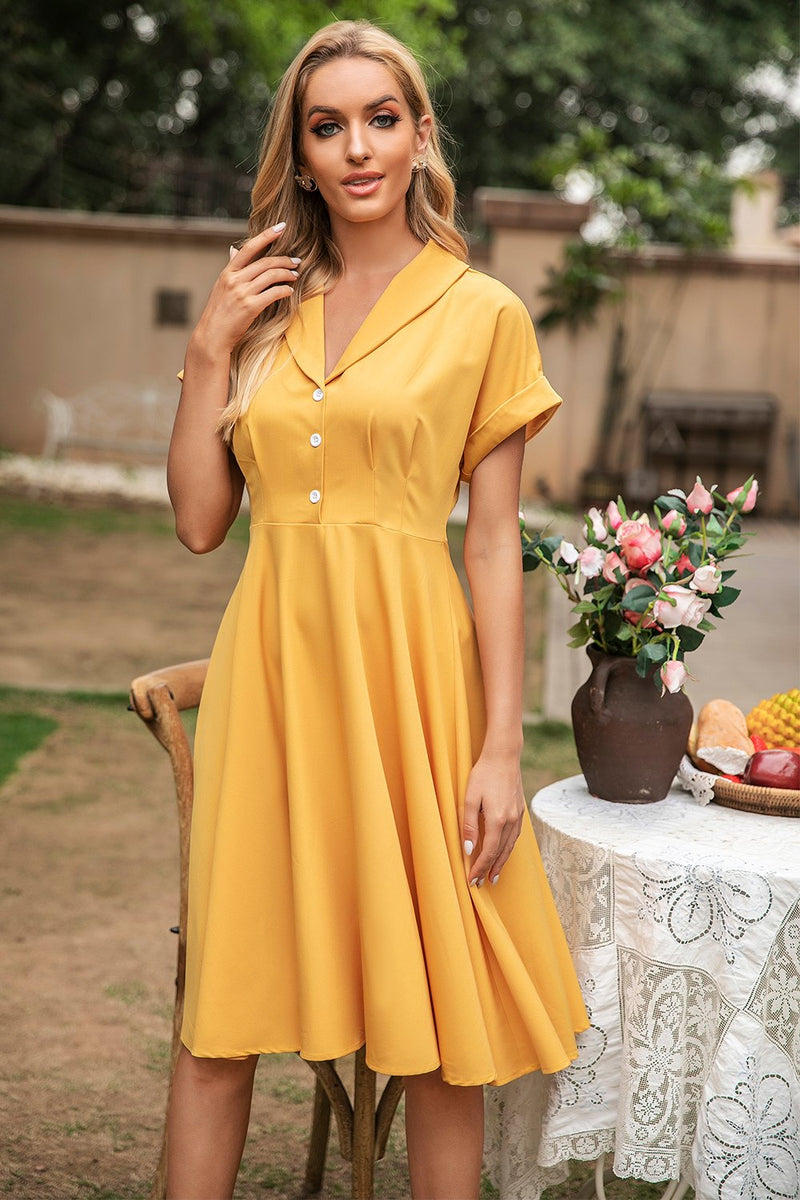 Laden Sie das Bild in den Galerie-Viewer, Elegantes gelbe V Hals Vintage Kleid