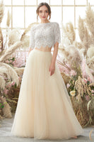 Laden Sie das Bild in den Galerie-Viewer, Champagner zweiteiligen langen Abschlussball Kleid