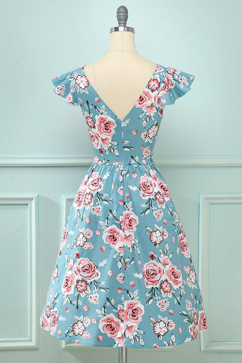 Blau Rose Floral Vintage Kleid