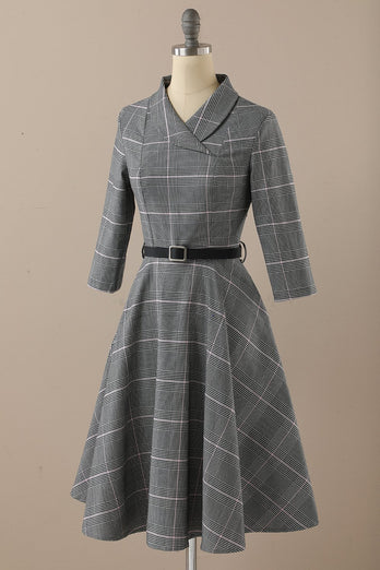Retro Stil Dunkelgraues Vintage Kleid mit langen Ärmeln