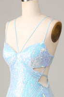 Laden Sie das Bild in den Galerie-Viewer, Bodycon Spaghetti Träger Blaue Pailletten Kurzes Cocktailkleid