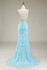 Laden Sie das Bild in den Galerie-Viewer, Blaues Spaghettiträger glitzerndes Meerjungfrauen Ballkleid