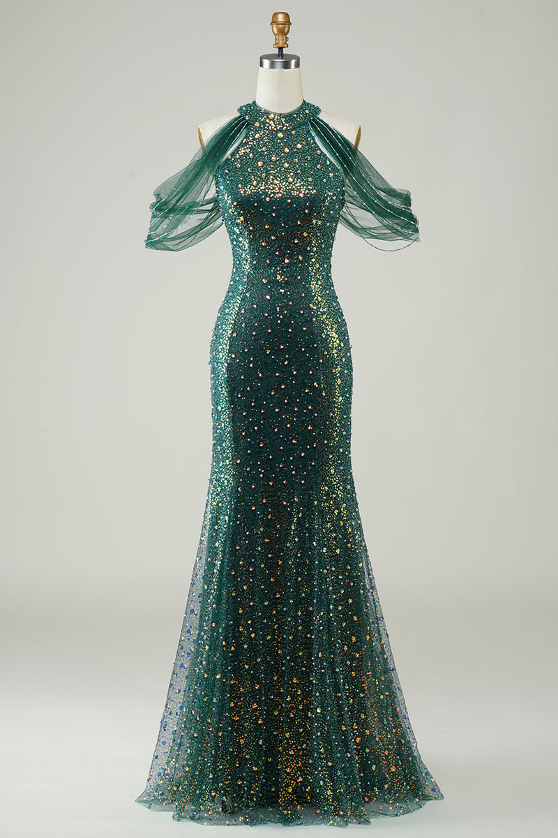 Laden Sie das Bild in den Galerie-Viewer, Glitzerndes dunkelgrünes Pailletten Meerjungfrauen Langes Ballkleid