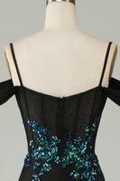 Laden Sie das Bild in den Galerie-Viewer, Kaltes schulterfreies schwarzes Pailletten korsett langes Ballkleid