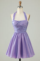 Laden Sie das Bild in den Galerie-Viewer, Lila Neckholder mit offenem Rücken ärmelloses A Linie Abiballkleid