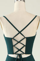 Laden Sie das Bild in den Galerie-Viewer, Mantel Spaghettiträger Dunkelgrünes langes Hochzeitsgastkleid mit Schlitz