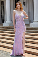 Laden Sie das Bild in den Galerie-Viewer, Lila Glitzer applikationen Korsett Ballkleid mit Schlitz