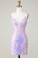 Laden Sie das Bild in den Galerie-Viewer, Bodycon Spaghettiträger Lila Korsett Abiballkleid mit Schnürung