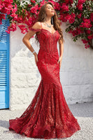 Laden Sie das Bild in den Galerie-Viewer, Meerjungfrau schulterfreies burgundy Korsett Ballkleid mit Bräunung