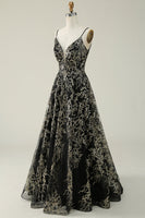 Laden Sie das Bild in den Galerie-Viewer, Schwarzes goldenes Spaghettiträger langes Ballkleid