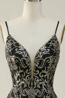 Laden Sie das Bild in den Galerie-Viewer, Schwarzes goldenes Spaghettiträger langes Ballkleid