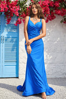 Laden Sie das Bild in den Galerie-Viewer, Meerjungfrau Spaghettiträger Blaues langes Ballkleid mit offenem Rücken