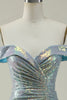 Laden Sie das Bild in den Galerie-Viewer, Meerjungfrau Blaues funkelndes schulterfreies Ballkleid mit Schlitz