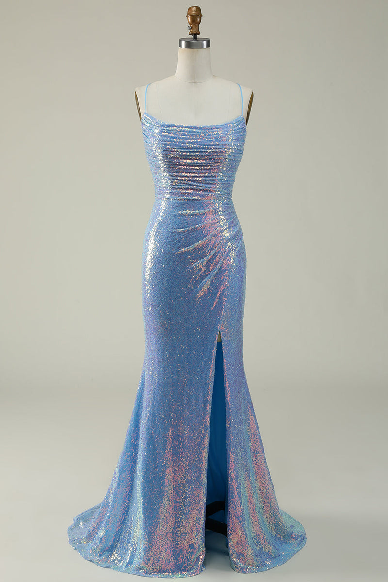 Laden Sie das Bild in den Galerie-Viewer, Blaues Pailletten Spaghettiträger Meerjungfrauen Ballkleid