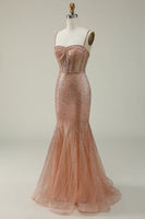 Laden Sie das Bild in den Galerie-Viewer, Meerjungfrau Spaghetti Träger Blush Pailletten langes Ballkleid
