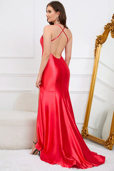 Ärmelloses langes rotes Abendkleid mit tiefem V-Ausschnitt und Schlitz