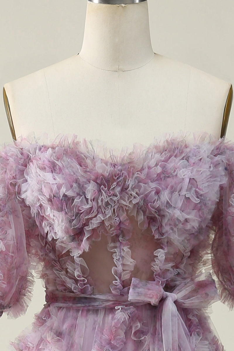 Laden Sie das Bild in den Galerie-Viewer, A-Linie schulterfreies lila langes Ballkleid mit Aufdruck