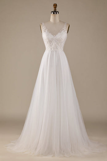 Elfenbein V-Ausschnitt Brautkleid aus Tüll mit Spitze