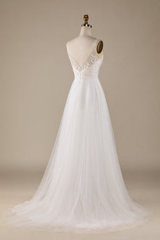 Elfenbein V-Ausschnitt Brautkleid aus Tüll mit Spitze